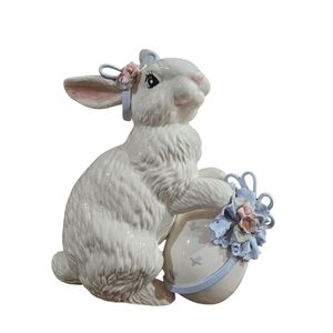 Vintage Ceramic Bunny with Egg and Flowers 13"